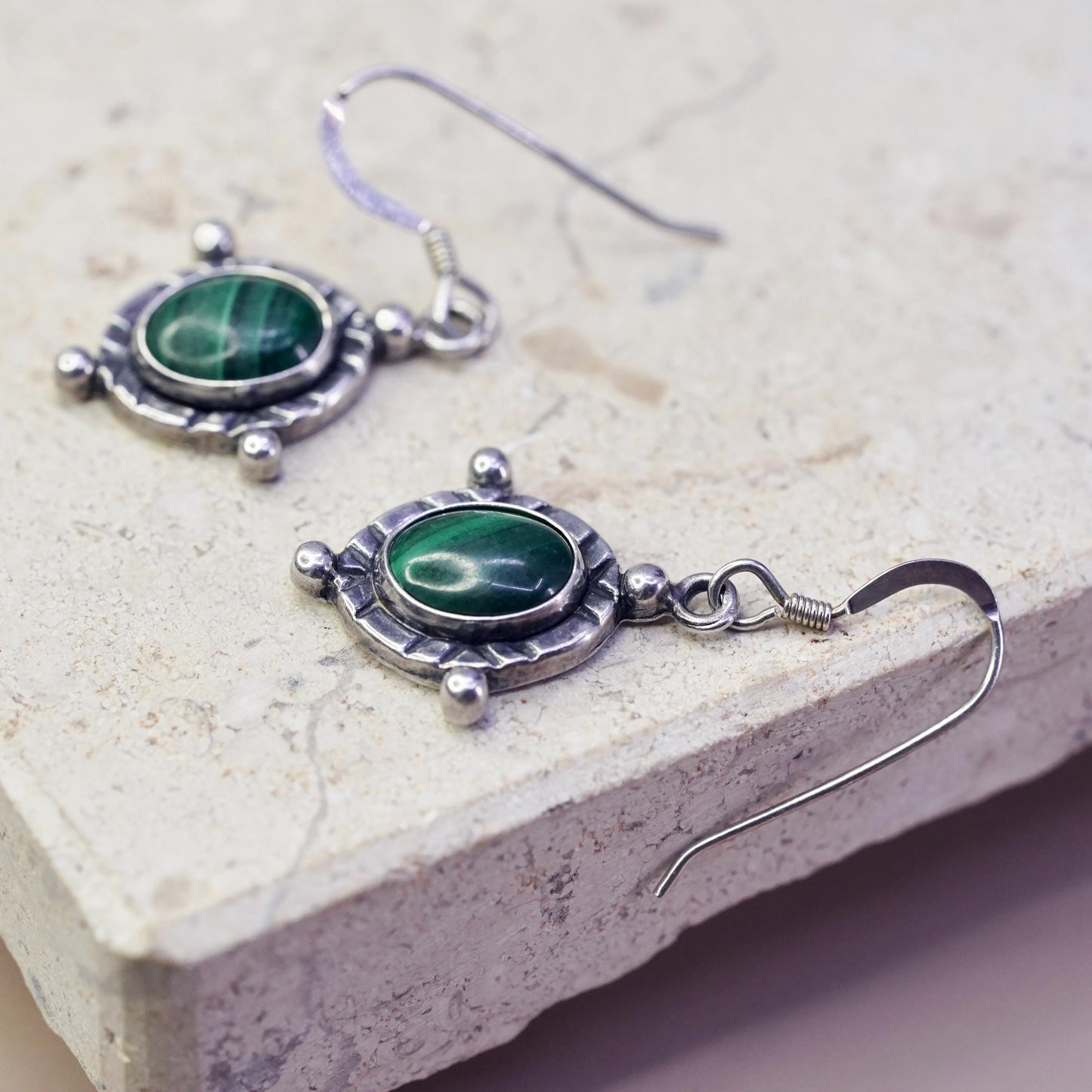 Vintage mexico sterling silver handmade earrings, 925 dangles oval malachite