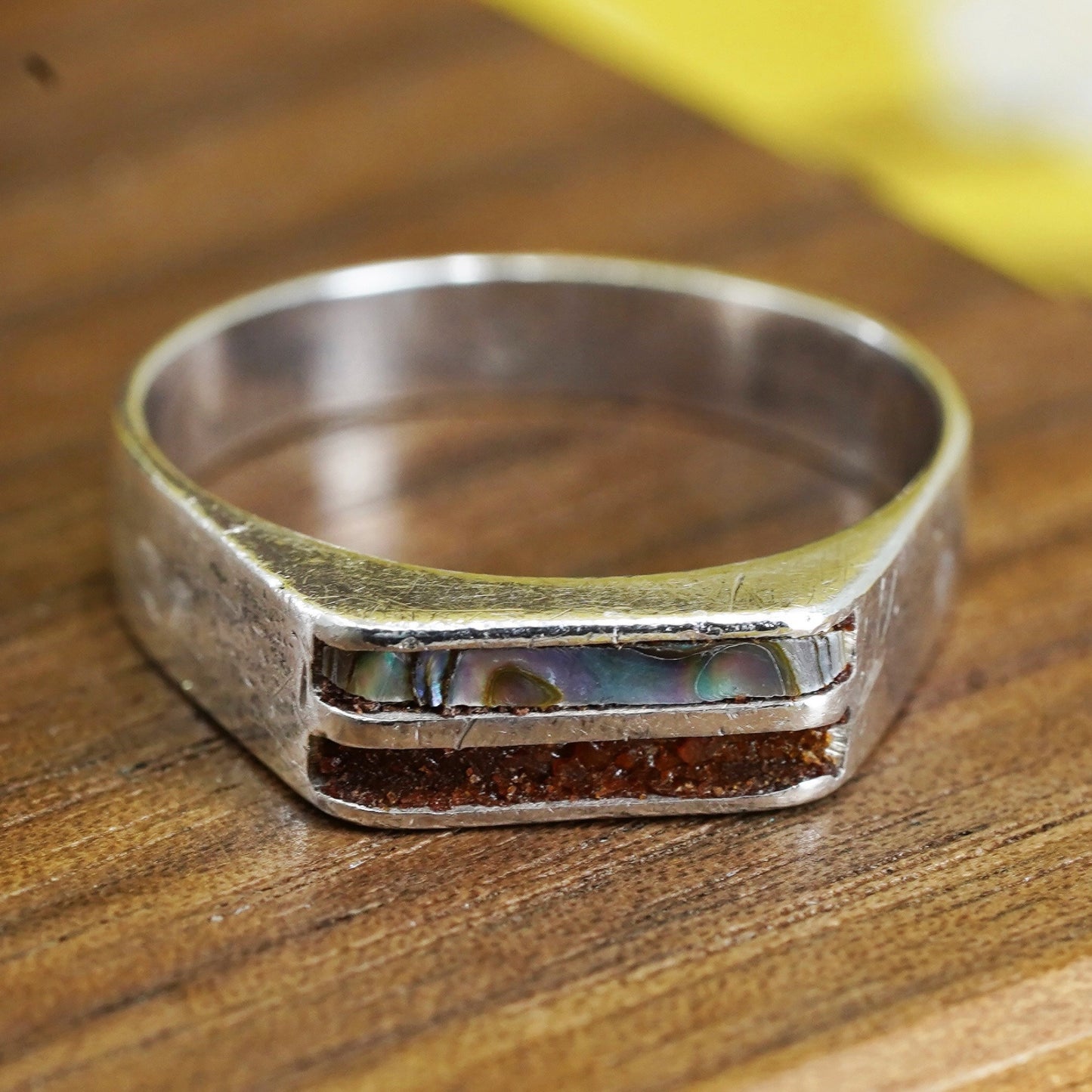 Size 9, vintage sterling silver handmade ring, 925 stackable band abalone inlay