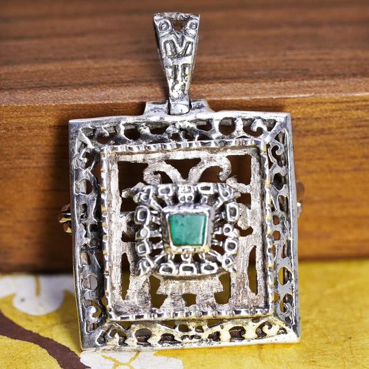 Taxco Mexico 925 Sterling Silver Green Stone Pendant Brooch Aztec Mayan Jewelry