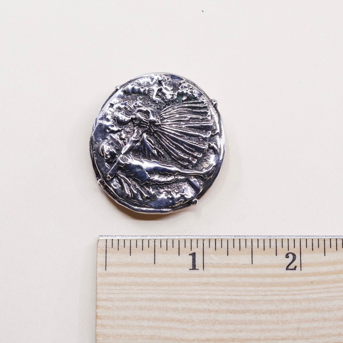 Vintage Sterling silver handmade brooch, puffy 925 silver pin pendant with 18 century dancer, stamped 925