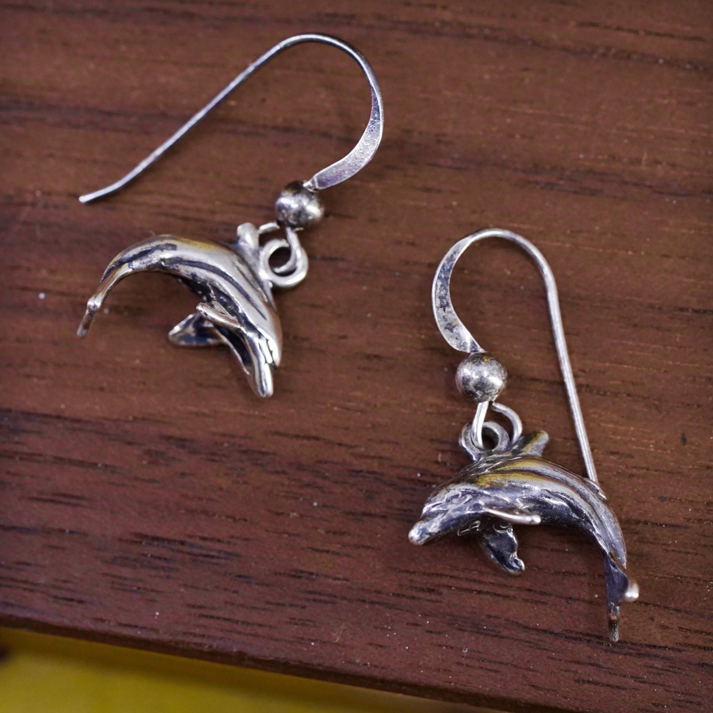 Vintage Sterling silver handmade earrings, 925 dolphin dangles