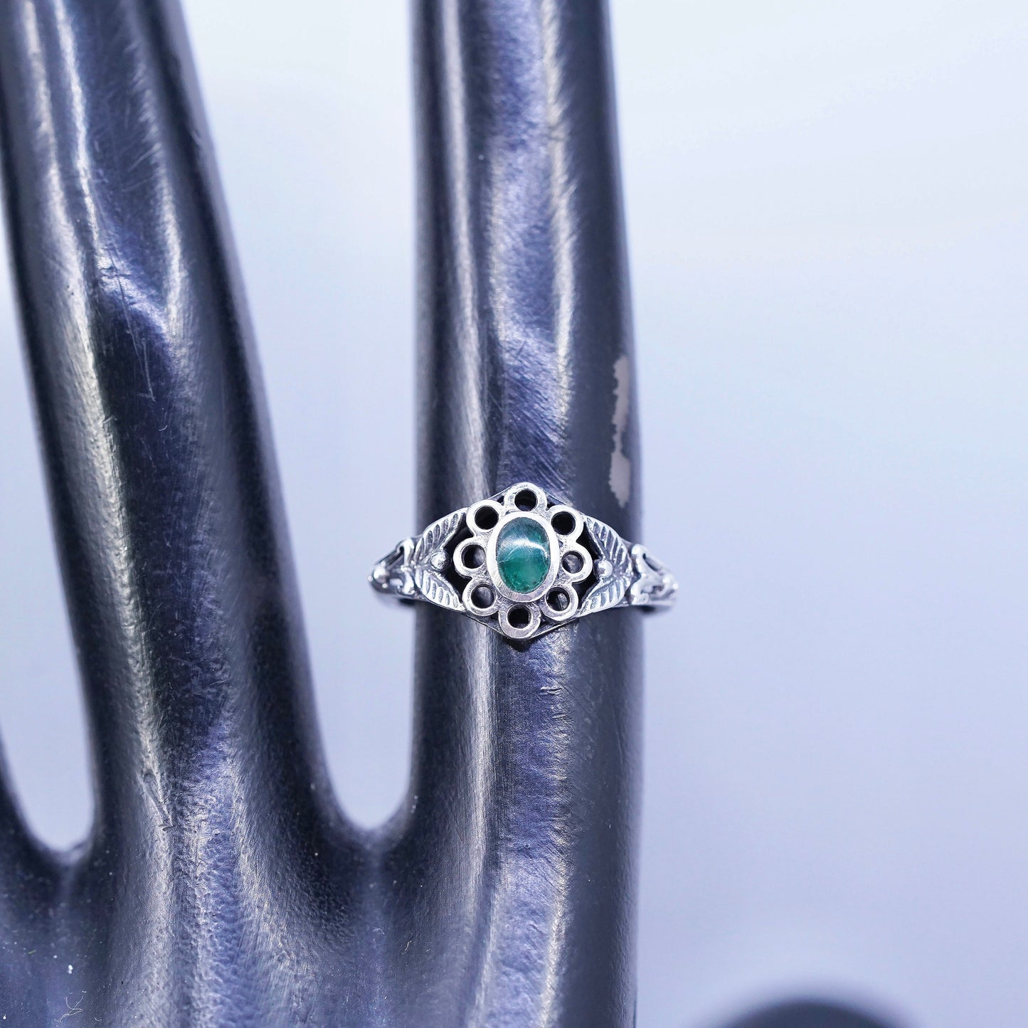 Size 6.5, vintage Sterling 925 silver handmade ring with jade and diamonds