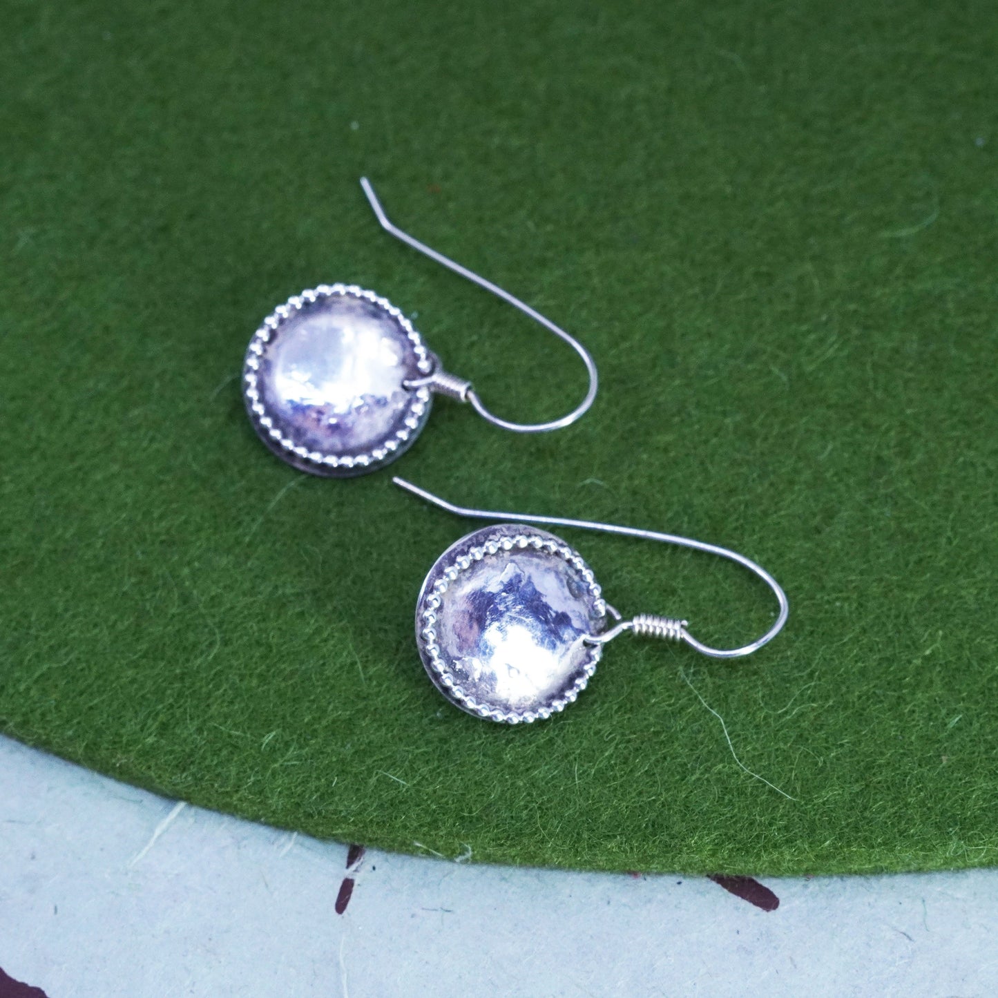 Vintage Hammered textured Disc Sterling 925 Silver Earrings