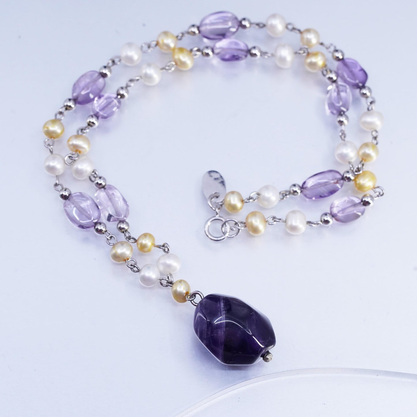 16", Sterling 925 silver necklace with pearl beads and nugget amethyst pendant