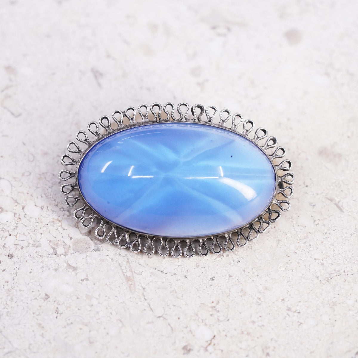 Vintage Hecho en Mexico Sterling silver brooch, 925 filigree pendant oval agate