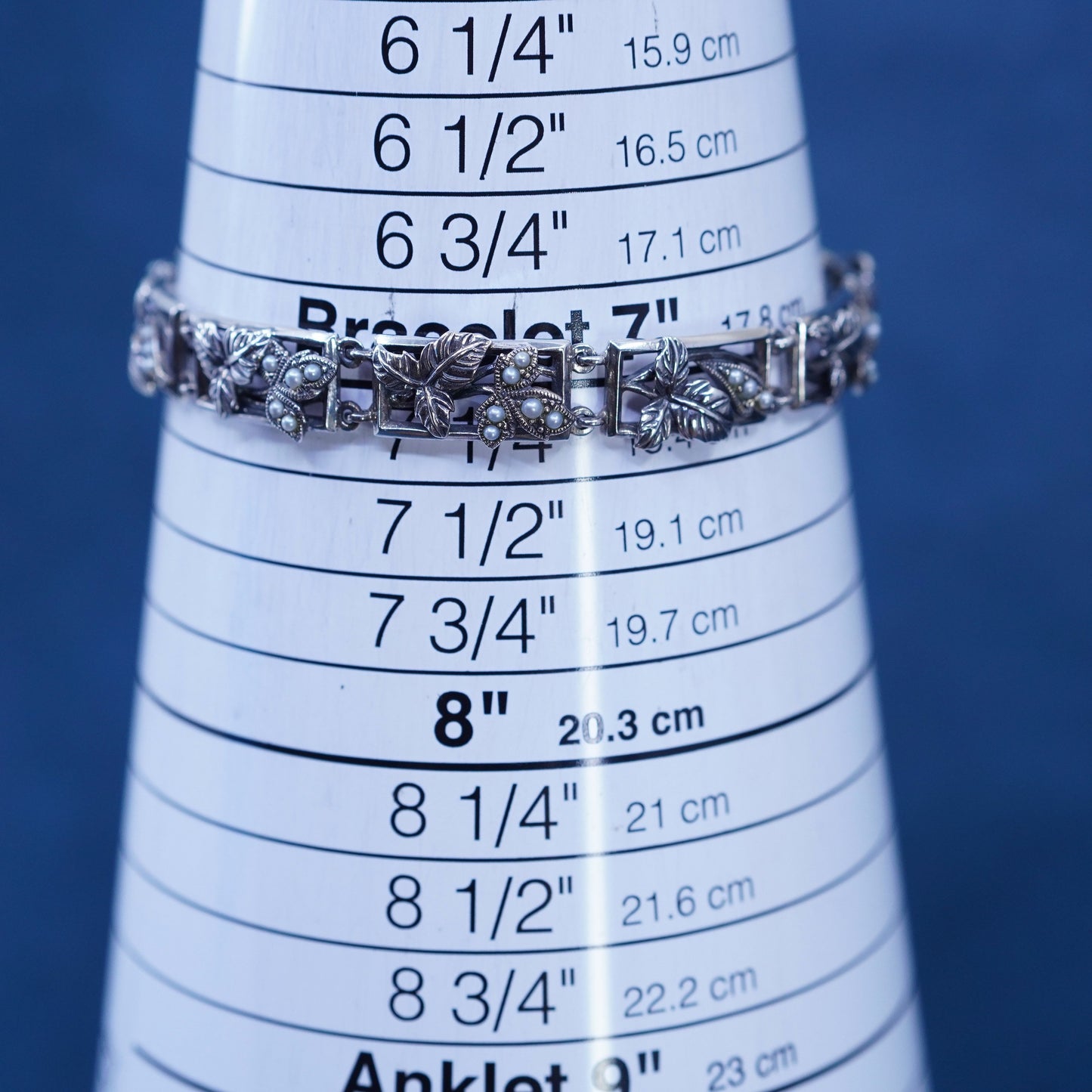 7”, vintage sterling 925 silver tennis bracelet with maple leaves and pearl