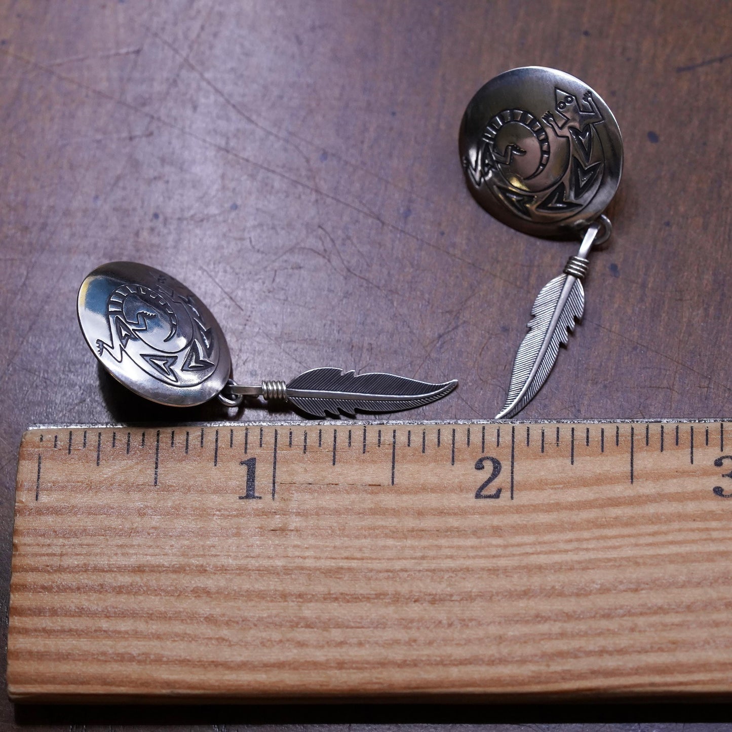 Vintage Sterling silver handmade earrings, 925 lizard studs feather dangles