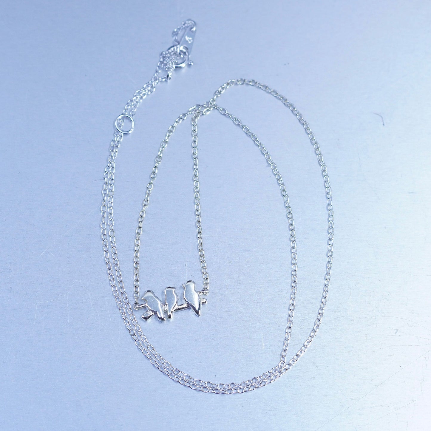 16+2”, vintage Sterling 925 silver circle chain necklace with bird pendant