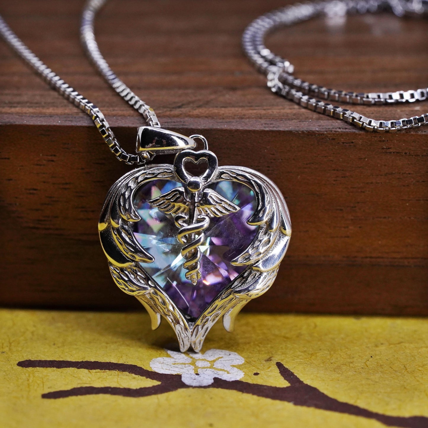 18", sterling silver 925 box necklace rainbow crystal nurse Angel pendant