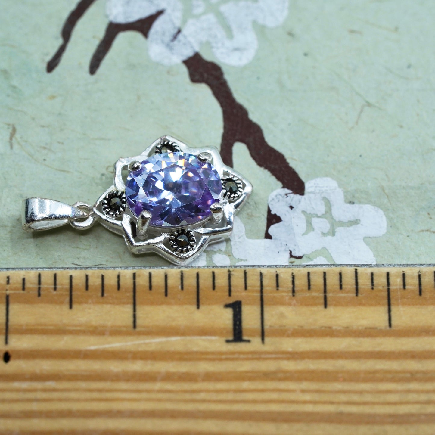 Sterling silver handmade pendant, 925 teardrop with amethyst and marcasite