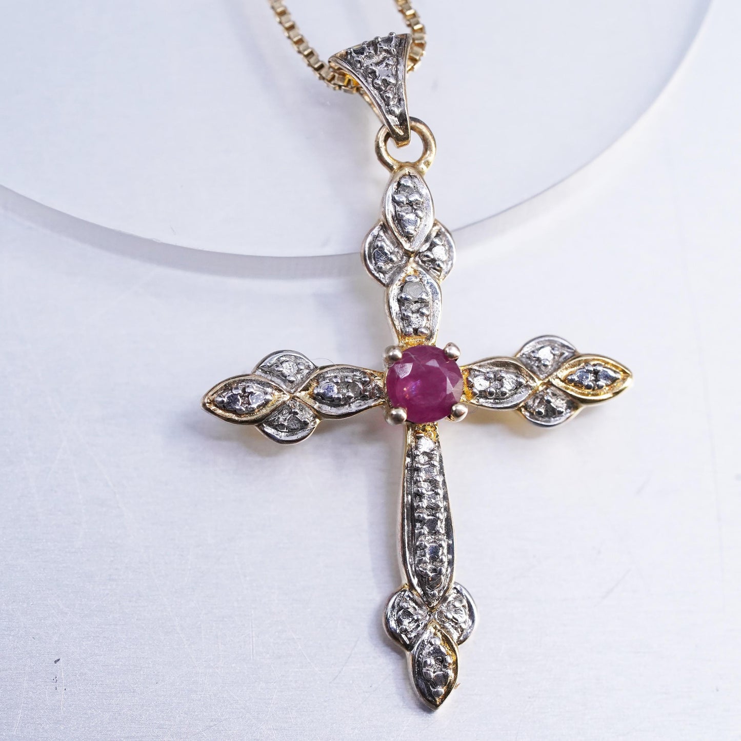 18", vermeil gold sterling 925 silver box necklace ruby diamonds cross pendant
