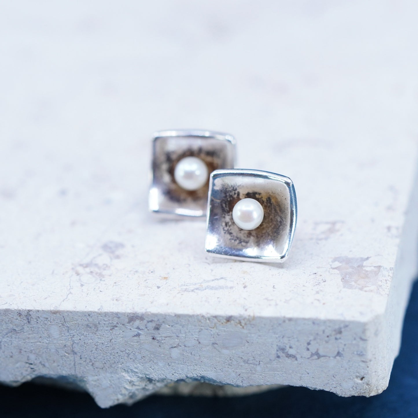 Vintage sterling silver handmade earrings, 925 square studs with pearl