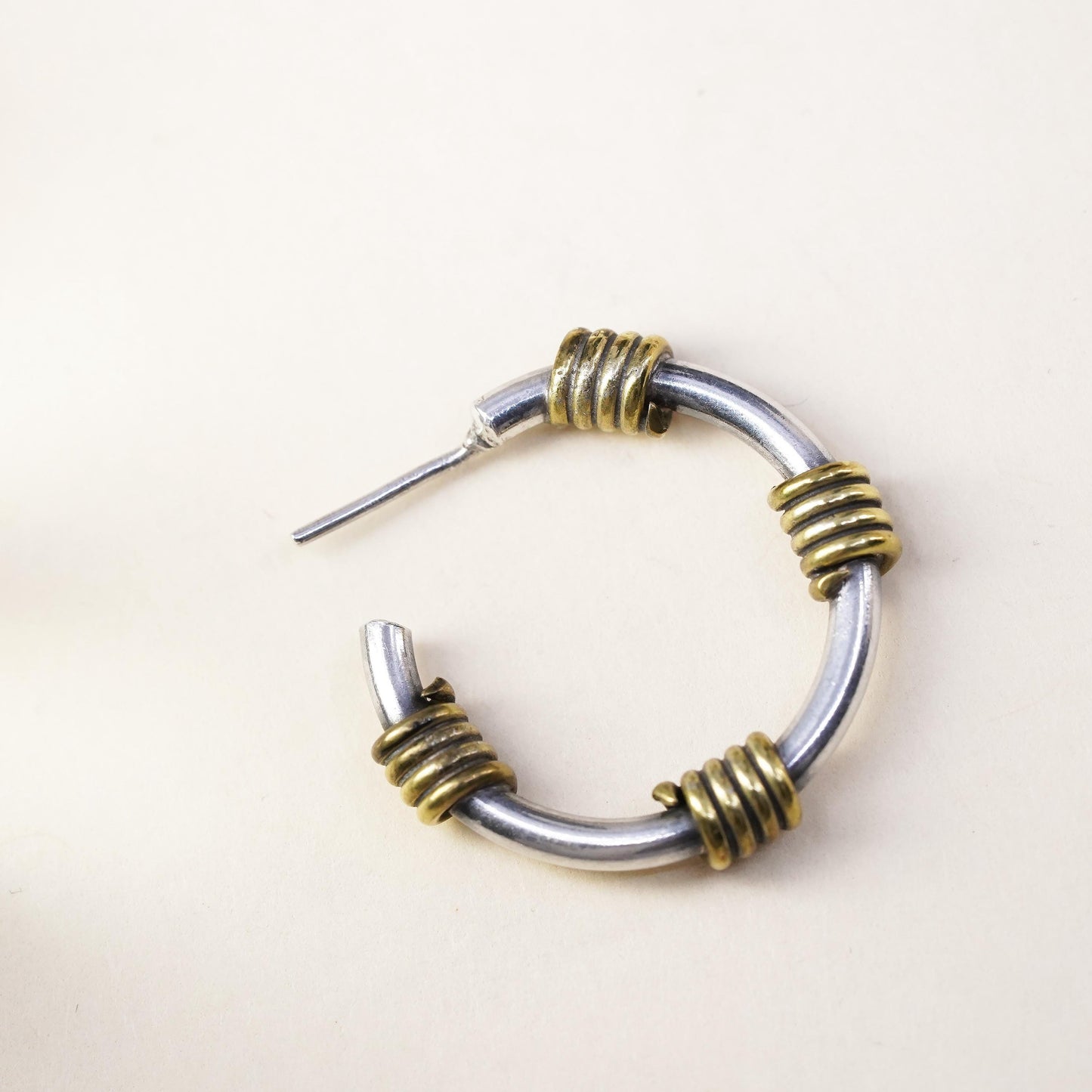 1", Vintage two tone sterling silver single earring, hoop stud with brass wired