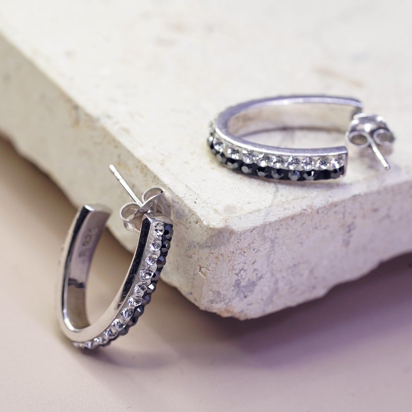 Vintage Sterling silver handmade earrings, 925 huggie studs with cluster cz