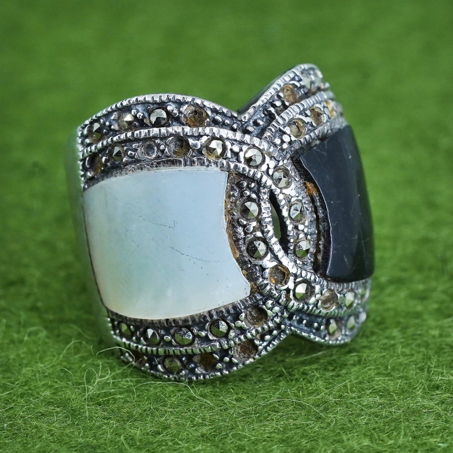 Size 7, Sterling 925 silver handmade ring w/ onyx mother of pearl and marcasite