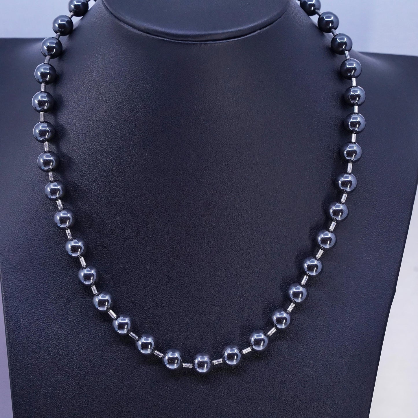 17" 7mm, Vintage Sterling 925 silver handmade necklace with hematite beads