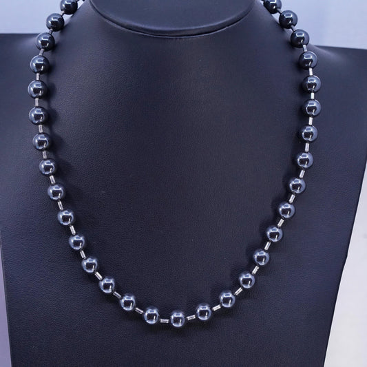 17" 7mm, Vintage Sterling 925 silver handmade necklace with hematite beads