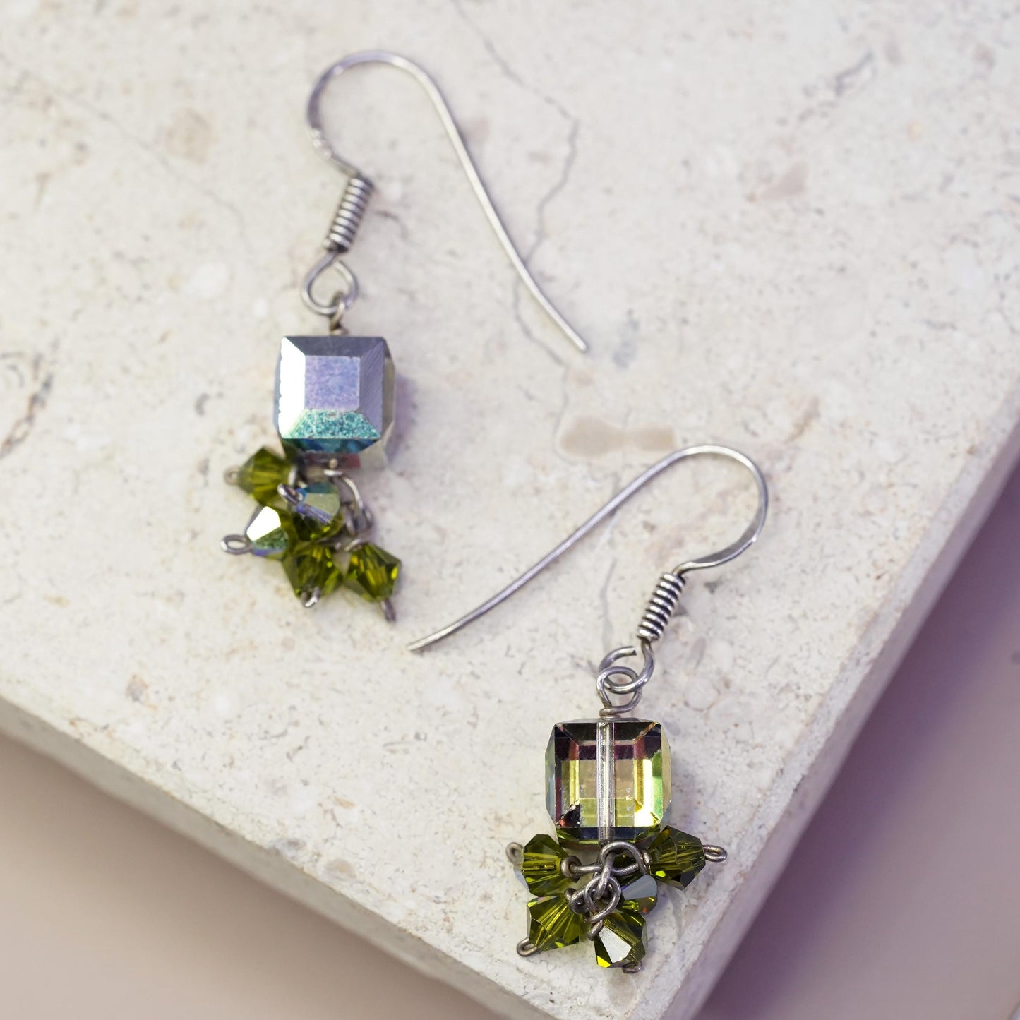 Vintage sterling silver handmade earrings, 925 hooks with crystal cube dangles