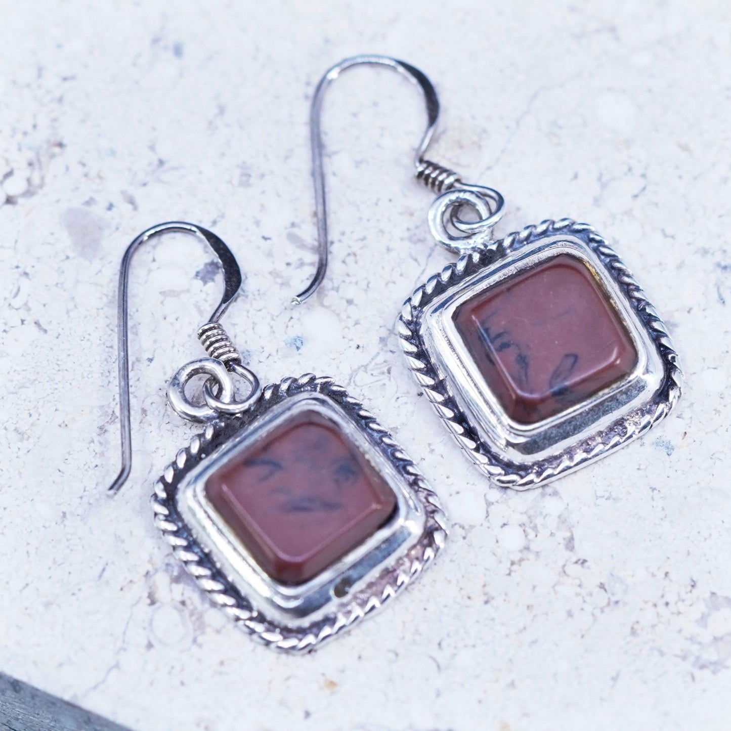 Vintage Sterling silver handmade earrings, 925 square with red jasper and cable