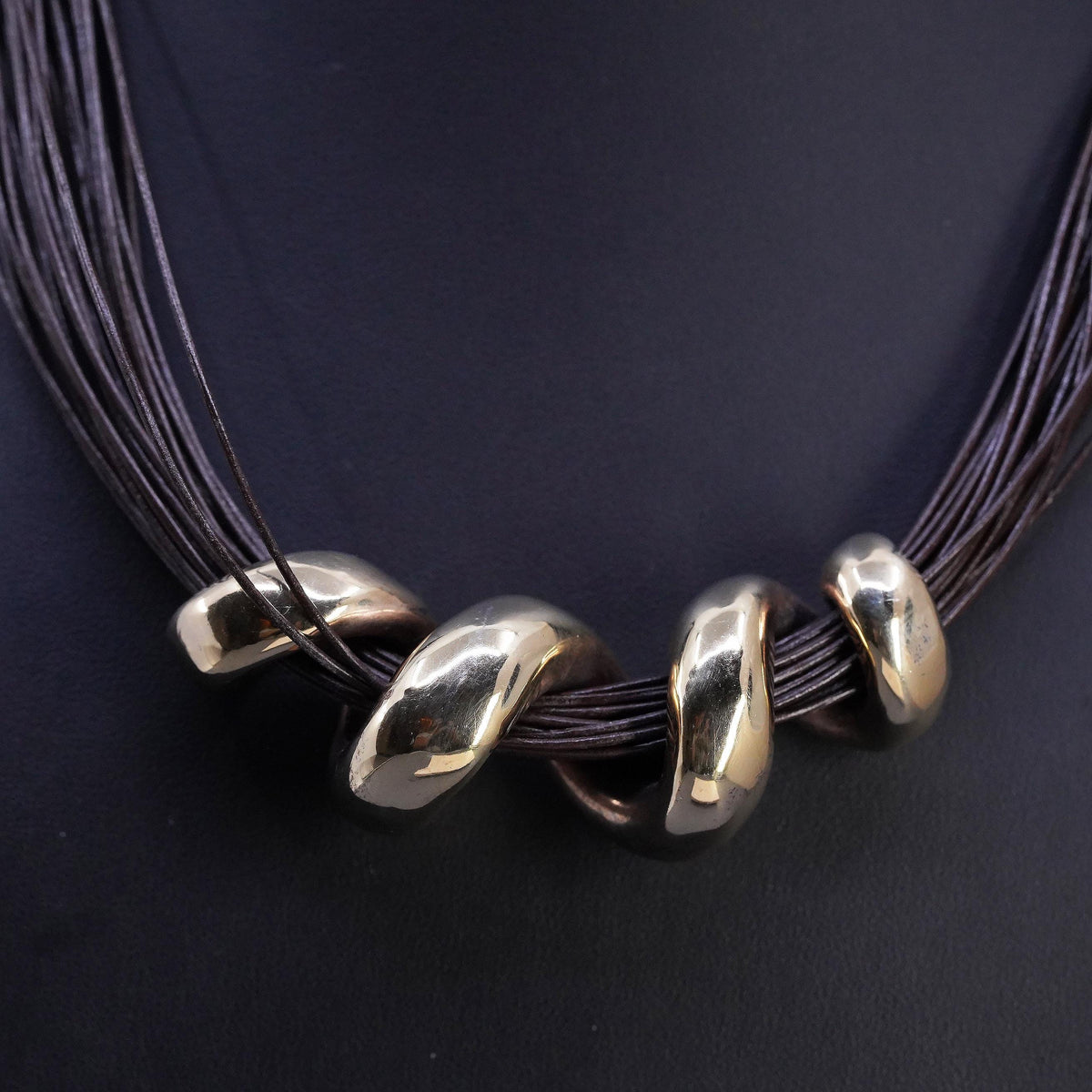 20+2", Vermeil Gold Sterling 925 Silver Multi Strand Leather Necklace Swirl