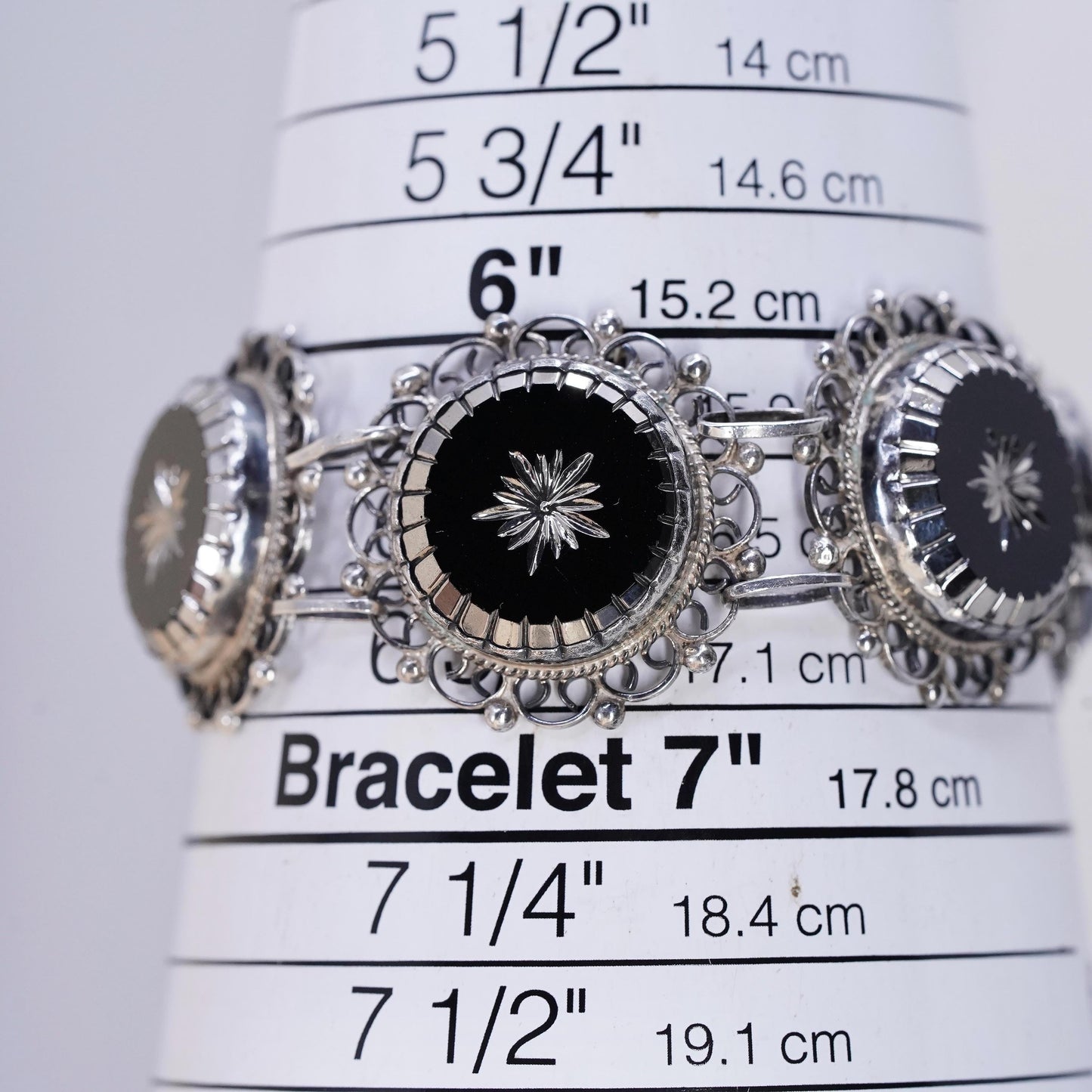6.5” Mexican Sterling 925 Silver Black Onyx Panel Star Bracelet, Hecho En Taxco