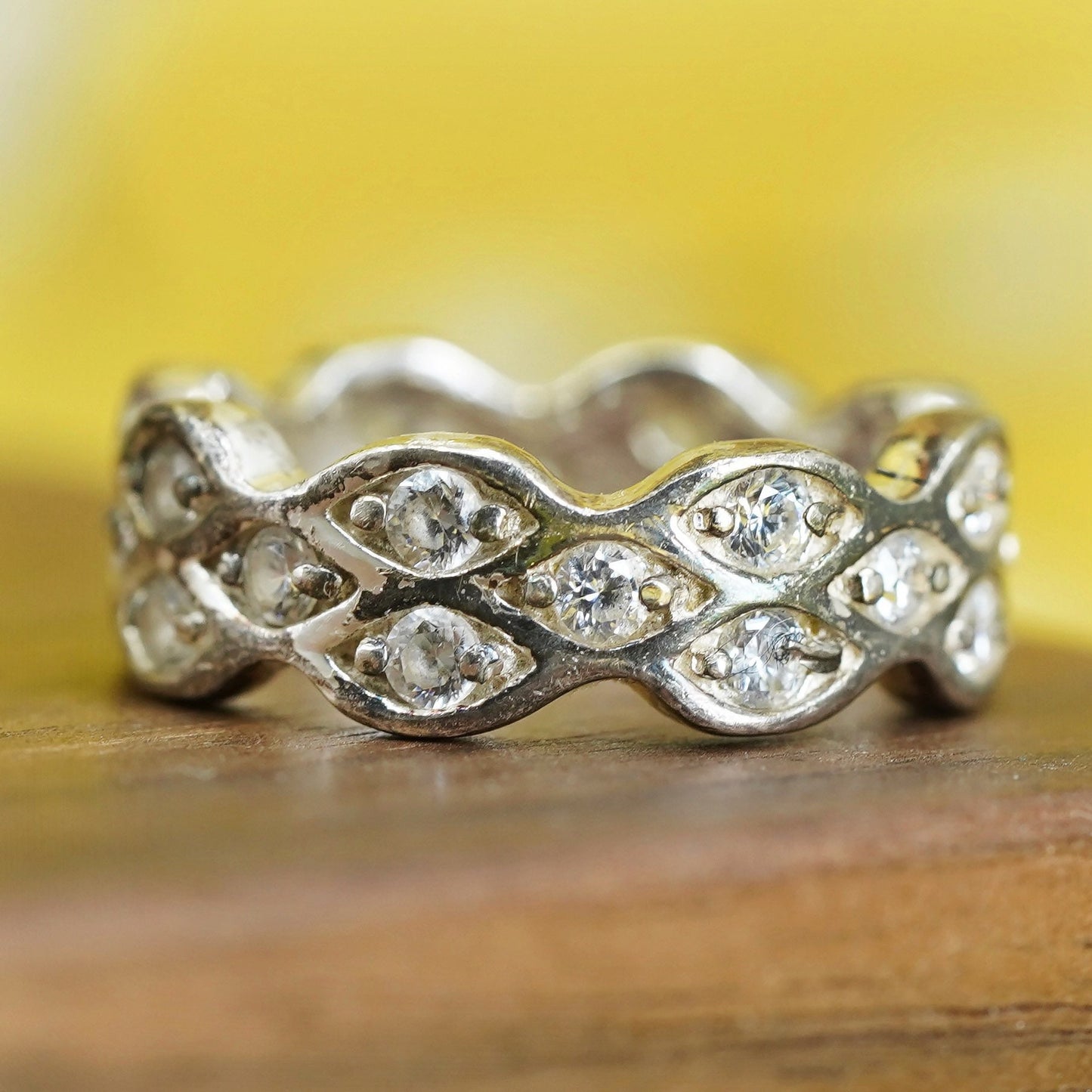 Size 7, vintage Sterling 925 silver anniversary ring with cluster cz