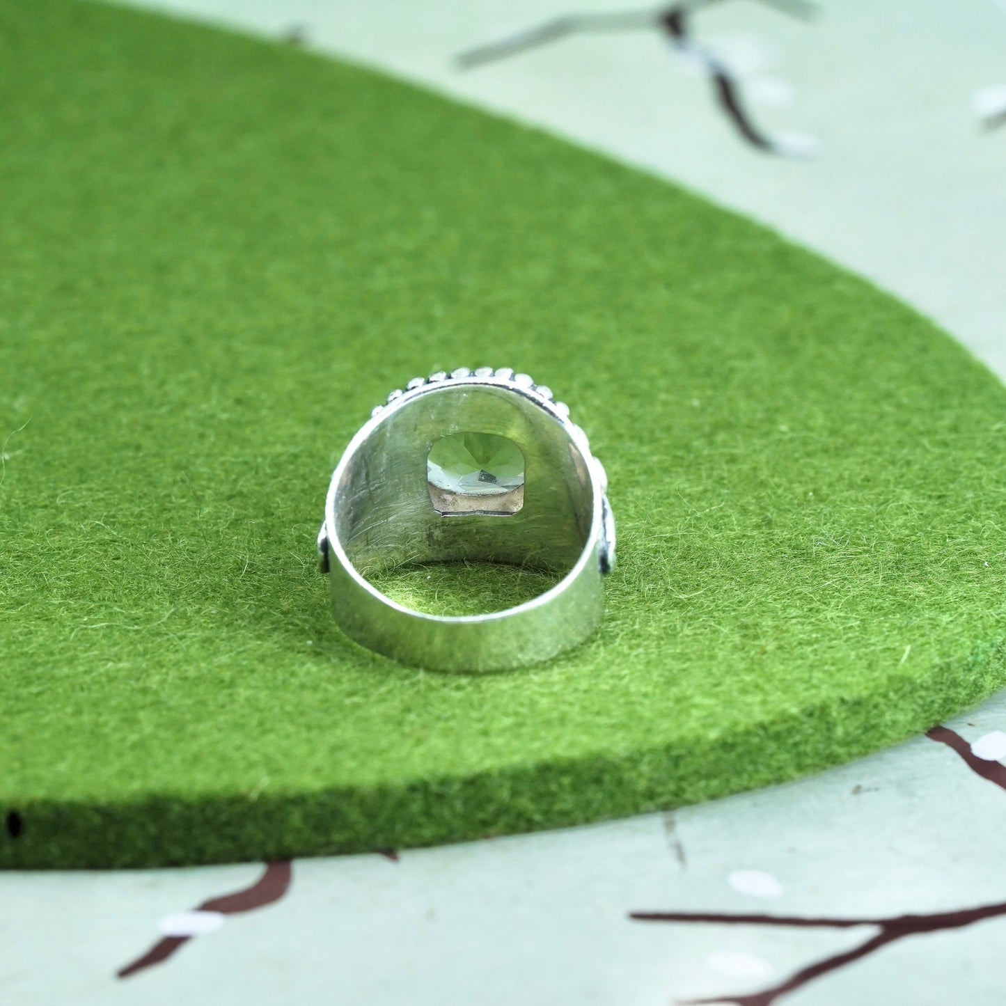 Size 7.25, Vintage sterling 925 silver handmade ring with aquamarine and beads