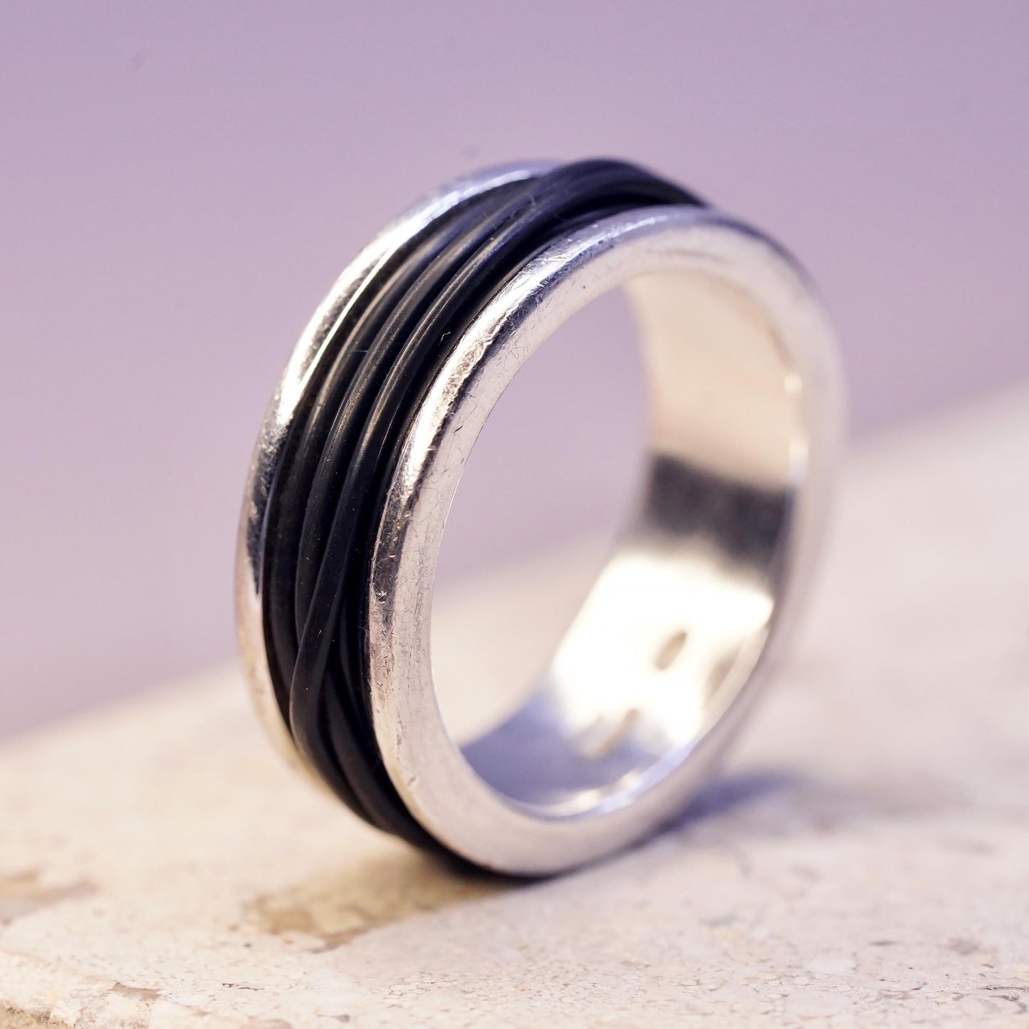 Size 7.25, vintage Italian sterling silver ring, 925 silver band black leather