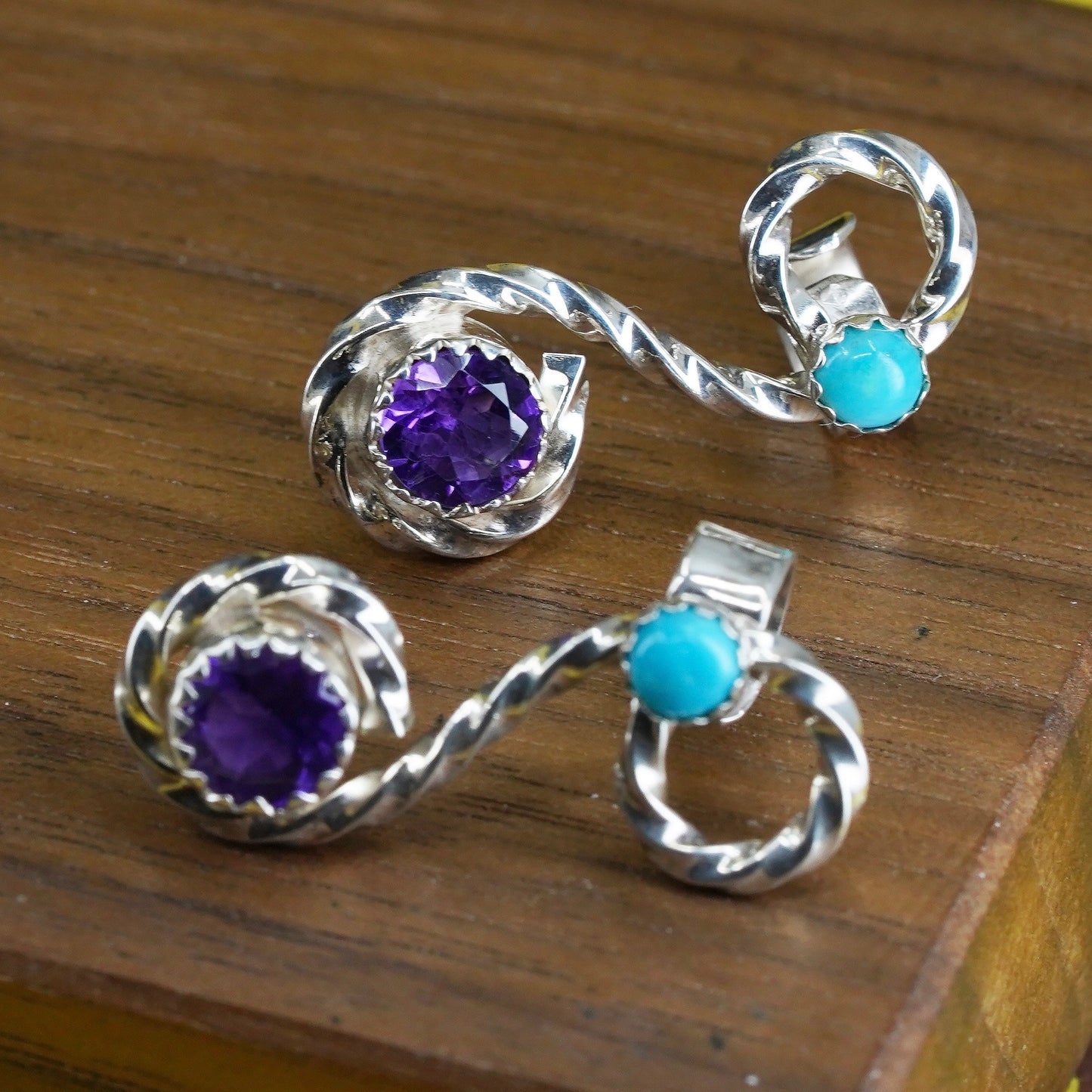 Sterling Silver Native American Earrings, 925 swirly studs turquoise amethyst