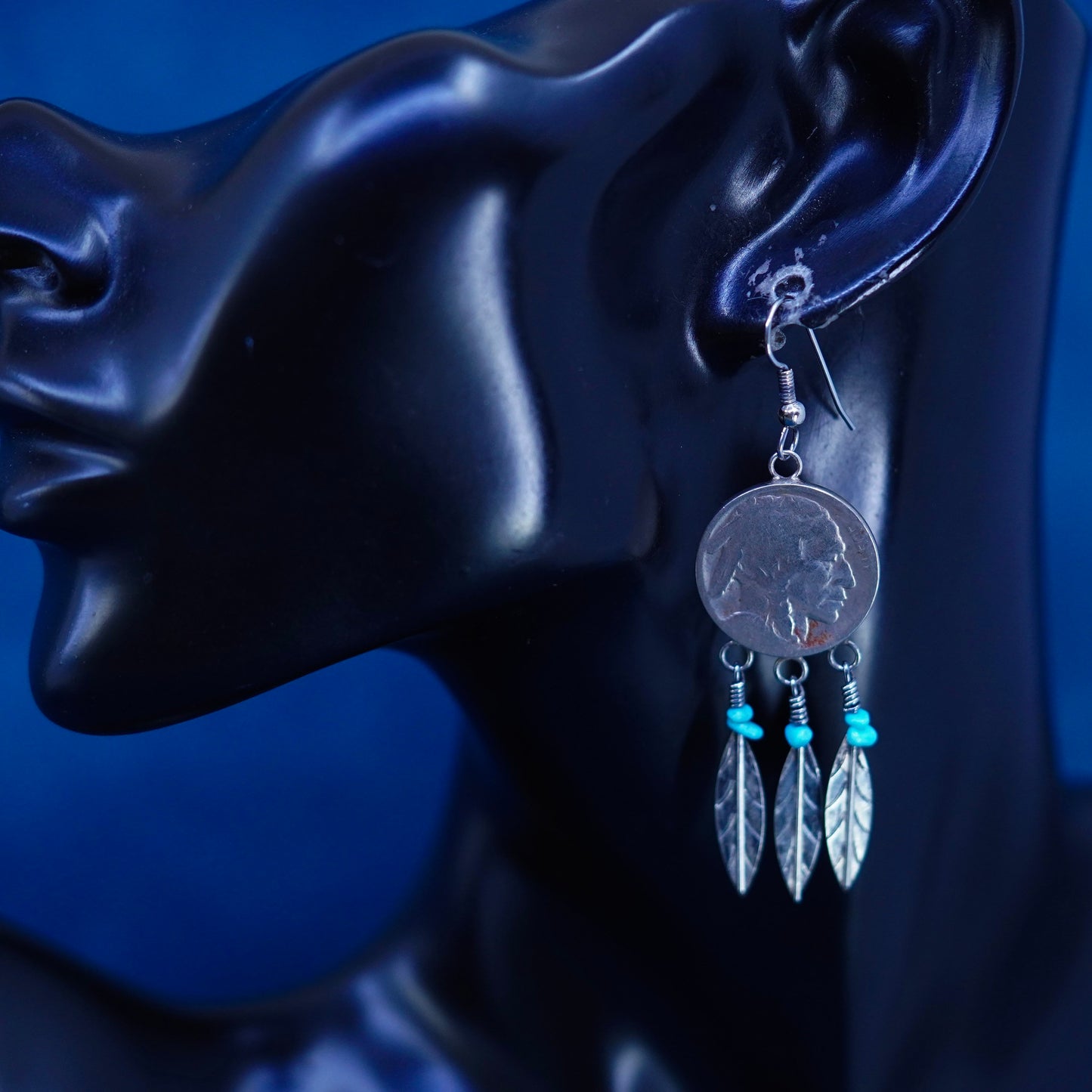 Native American silver tone handmade earrings with Buffalo nickel and feather
