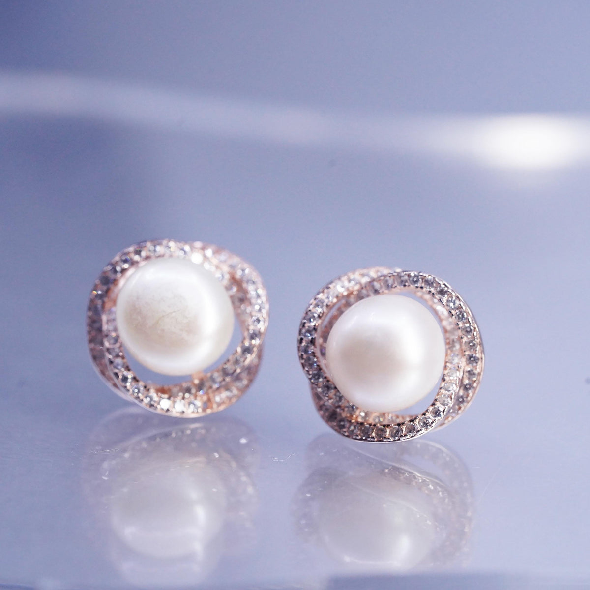 Vermeil Gold Sterling Silver 925 Earrings, Rose Gold Tone CZ Halo, Pearl Studs