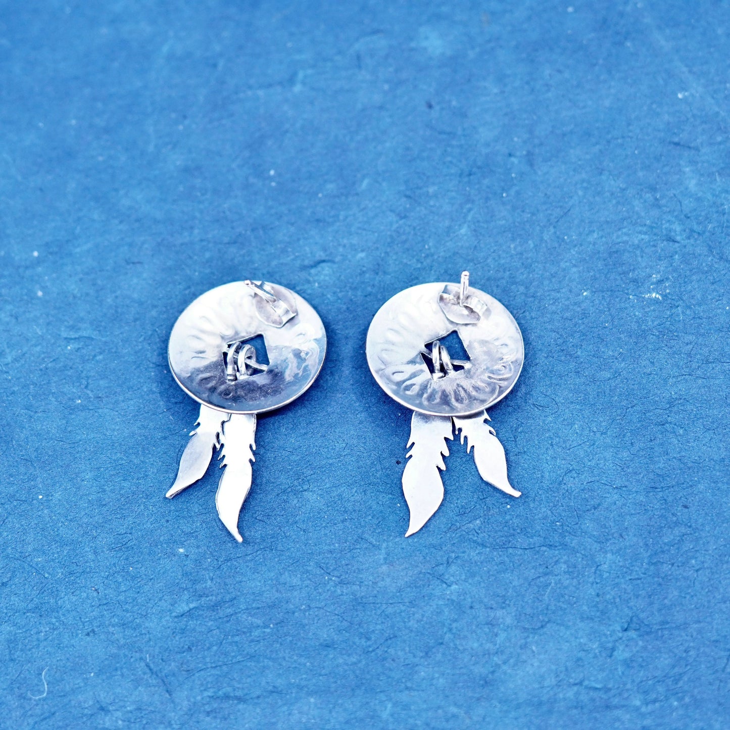 Vintage Sterling silver handmade earrings, l 925 circle studs feather dangles