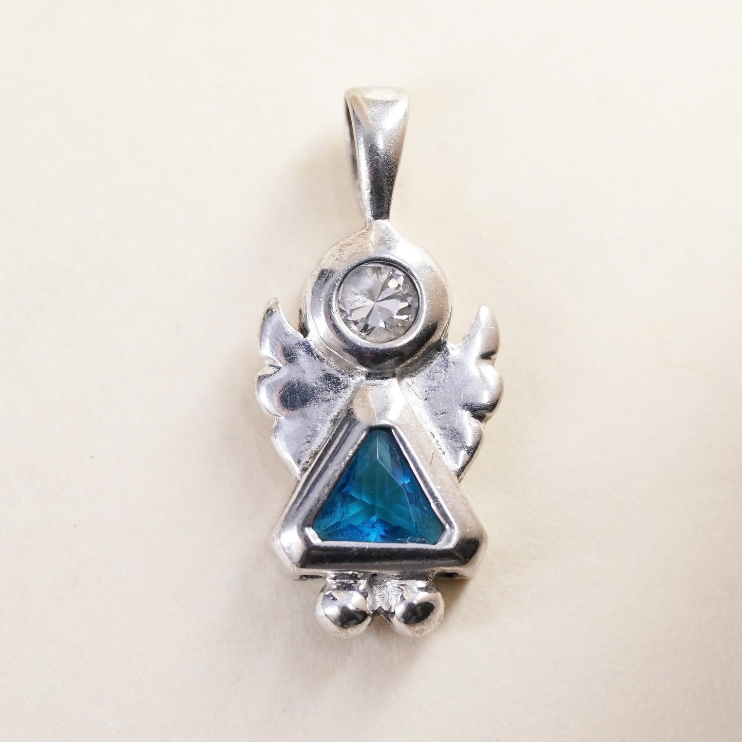 Sterling silver angel charm, 925 pendant with blue crystal inlay