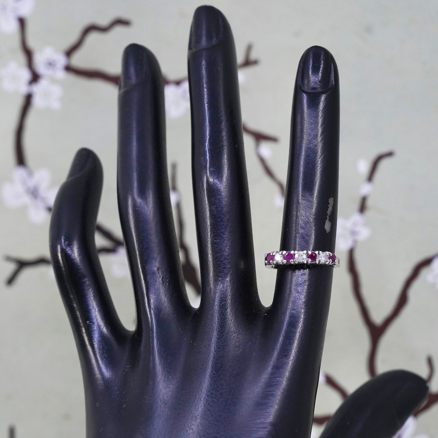 Size 5, vintage Sterling silver handmade ring, 925 stackable band ruby and cz
