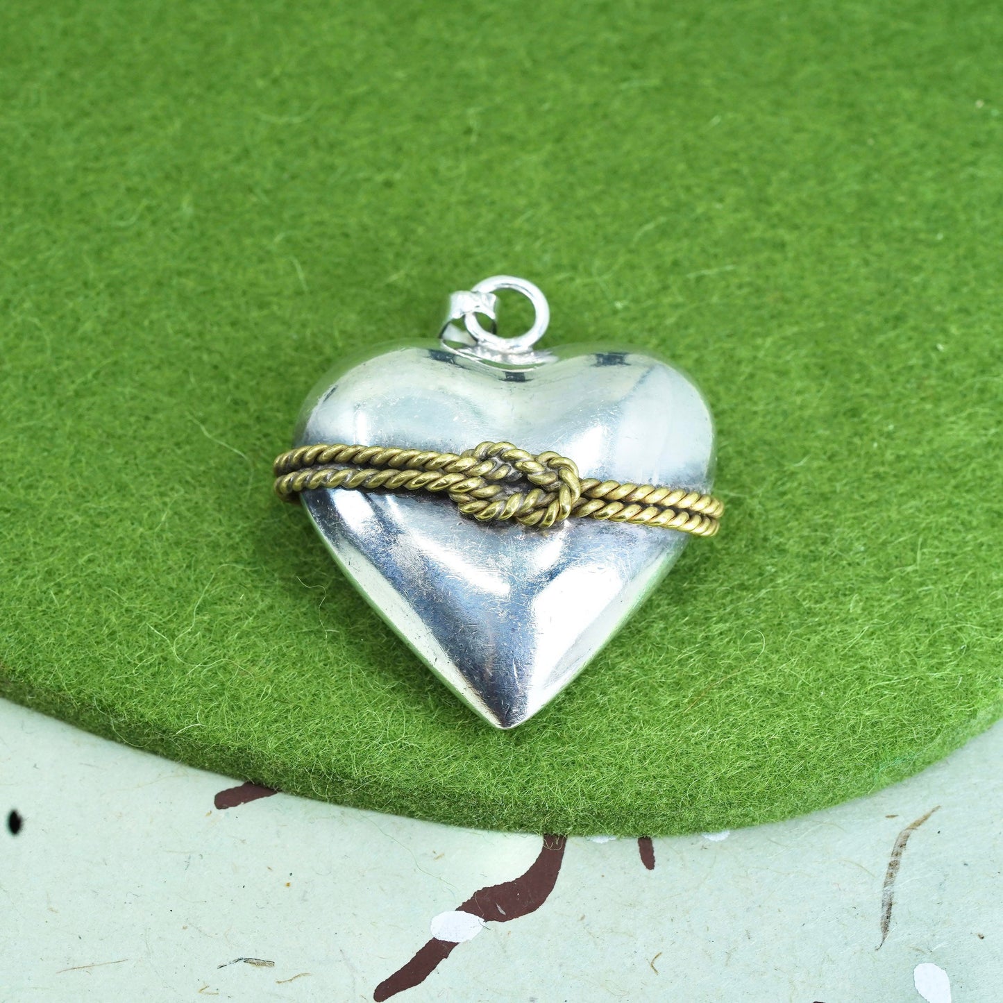 Vintage two tone sterling silver puffy heart w/ brass around, 925 charm pendant