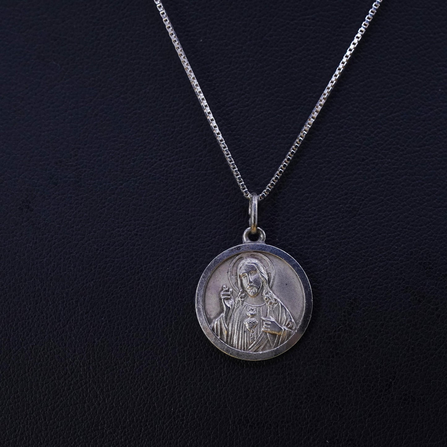 Sterling silver pendant, 925 box chain with double sided Jesus Virgo Carmelo