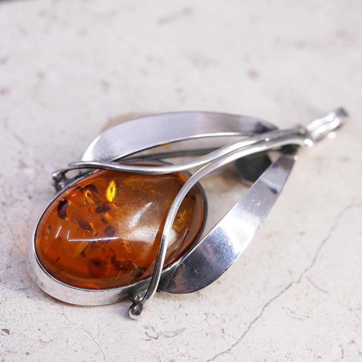 Vintage southwestern sterling silver handmade teardrop pendant 925 amber brooch