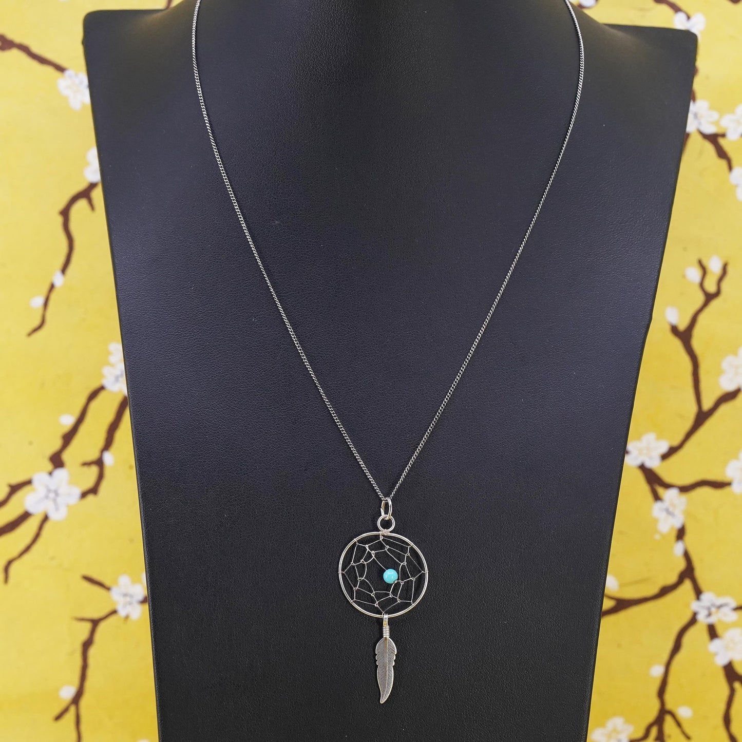 18", VTG sterling 925 Silver curb chain necklace net pendant feather dangles