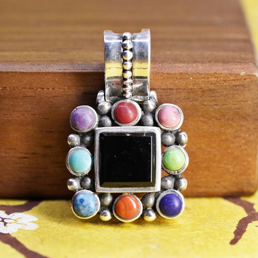Vintage Sterling 925 silver handmade square pendant with multi color onyx