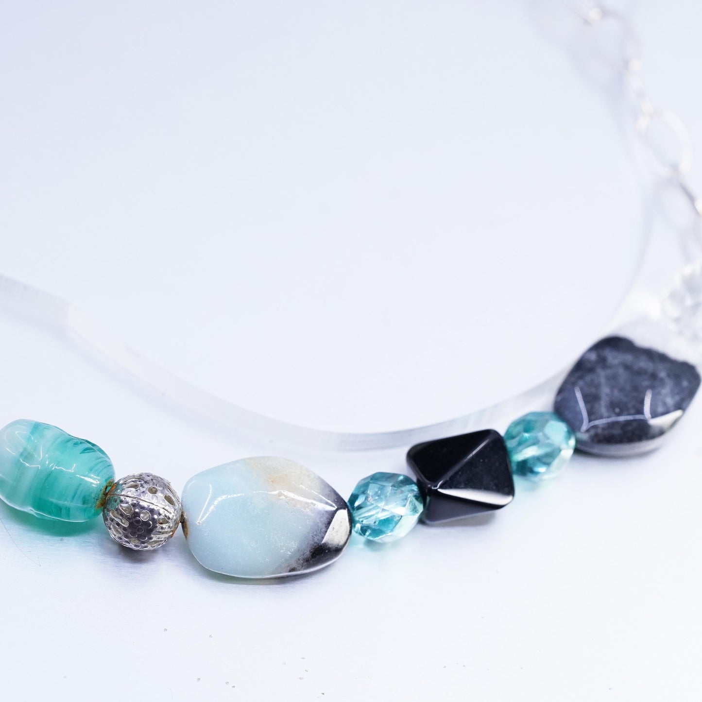 16+2", Sterling 925 silver oval chain necklace with larimar agate bead pendant