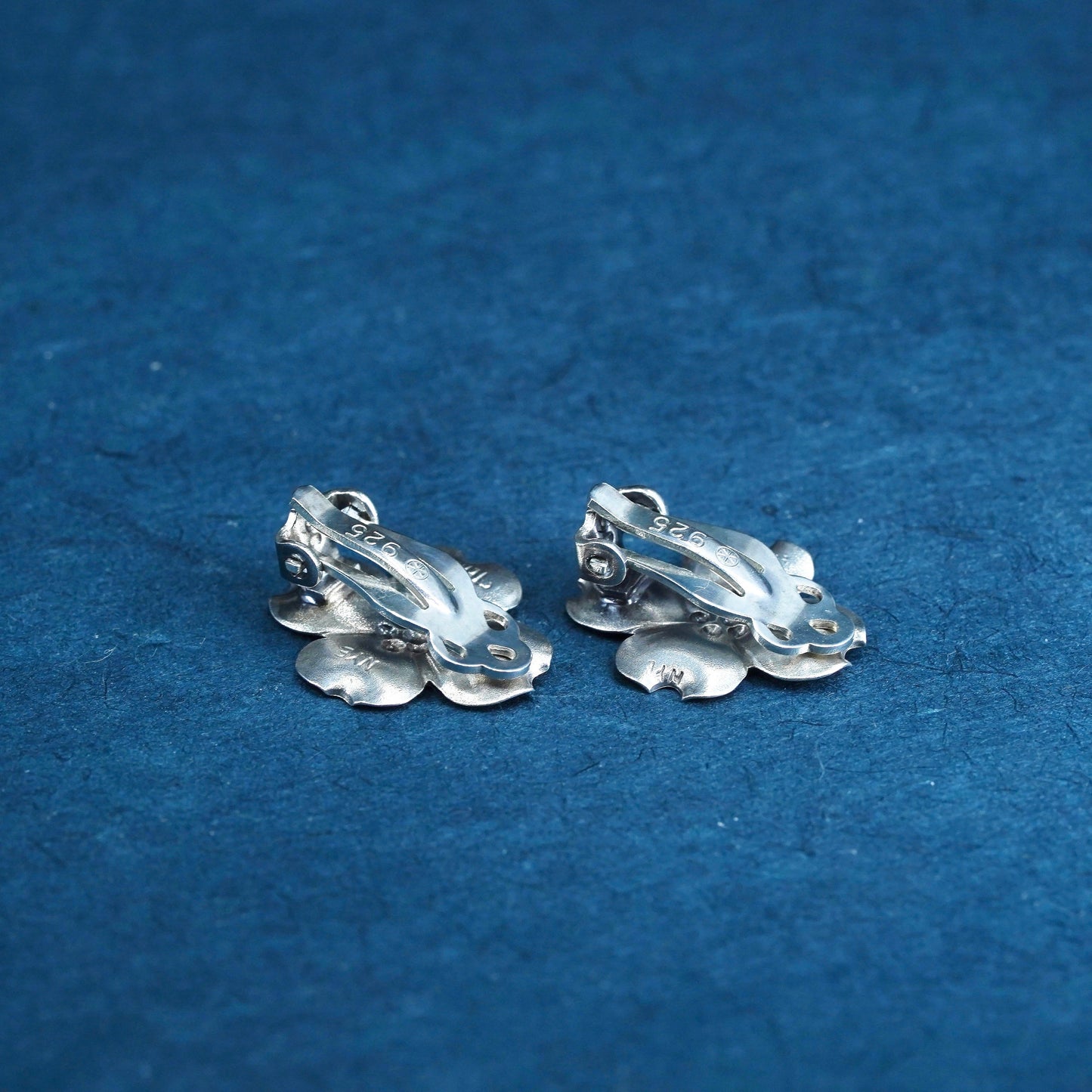 NYE Sterling silver handmade earrings, solid 925 silver dogwood flower clip on