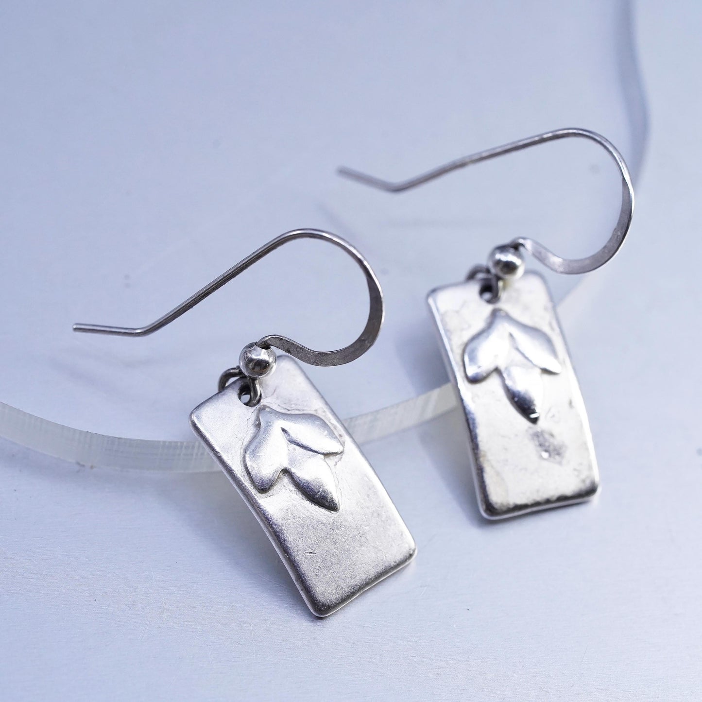 Vintage Sterling 925 silver handmade leaf tag earrings