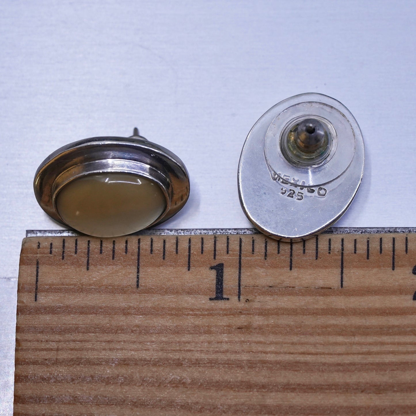 Mexican sterling silver earrings, Native American 925 studs oval cats eye