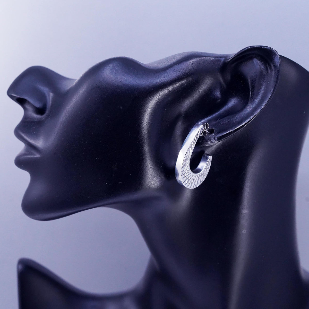 1", Vintage Sterling Silver 925 Textured Crescent Earrings, Wide J Hoop Studs