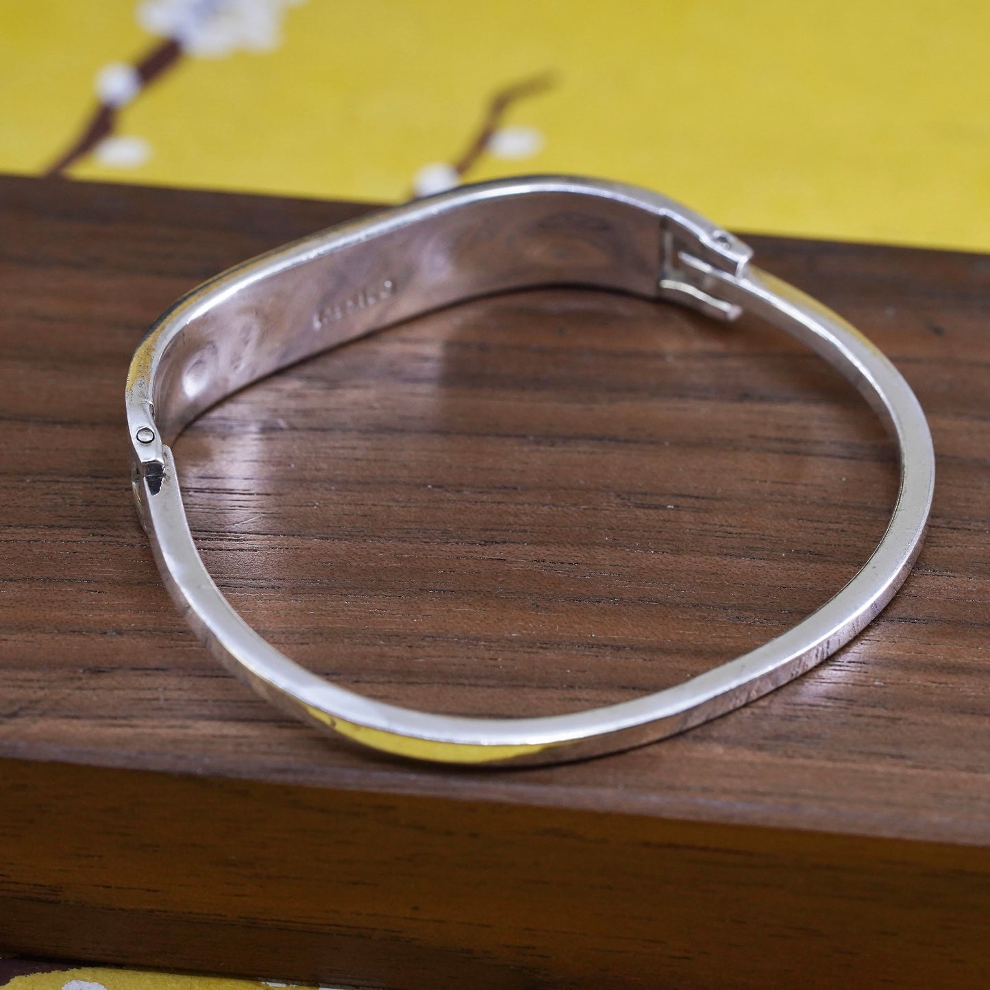 6.5”, Sterling 925 silver handmade bracelet, Mexico hinged bangle w/ turquoise