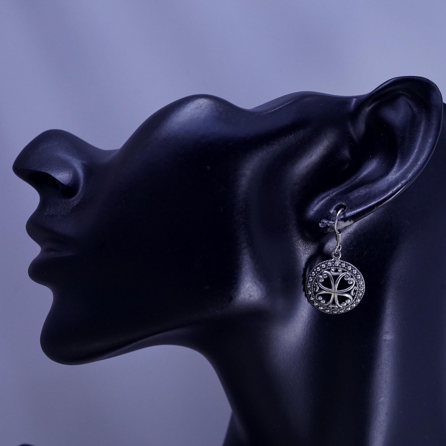 Vintage Sterling silver handmade earrings, 925 filigree circle dangles