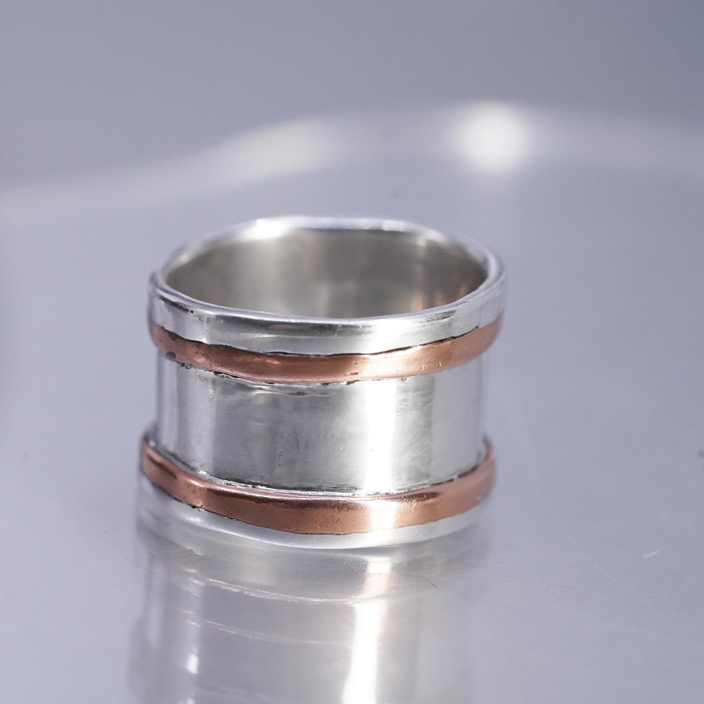 Size 10.5, southwestern Two Tone Sterling Silver Ring, 925 wide Band copper