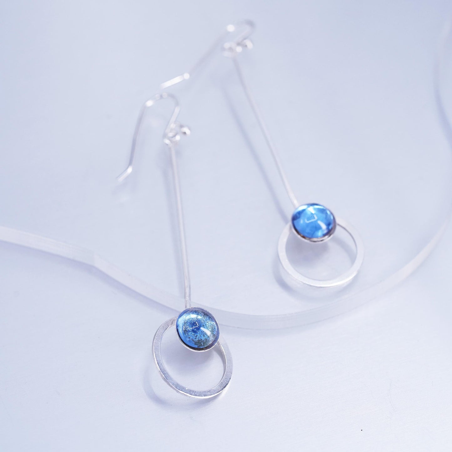 Vintage Sterling 925 silver handmade long circle earrings with blue crystal