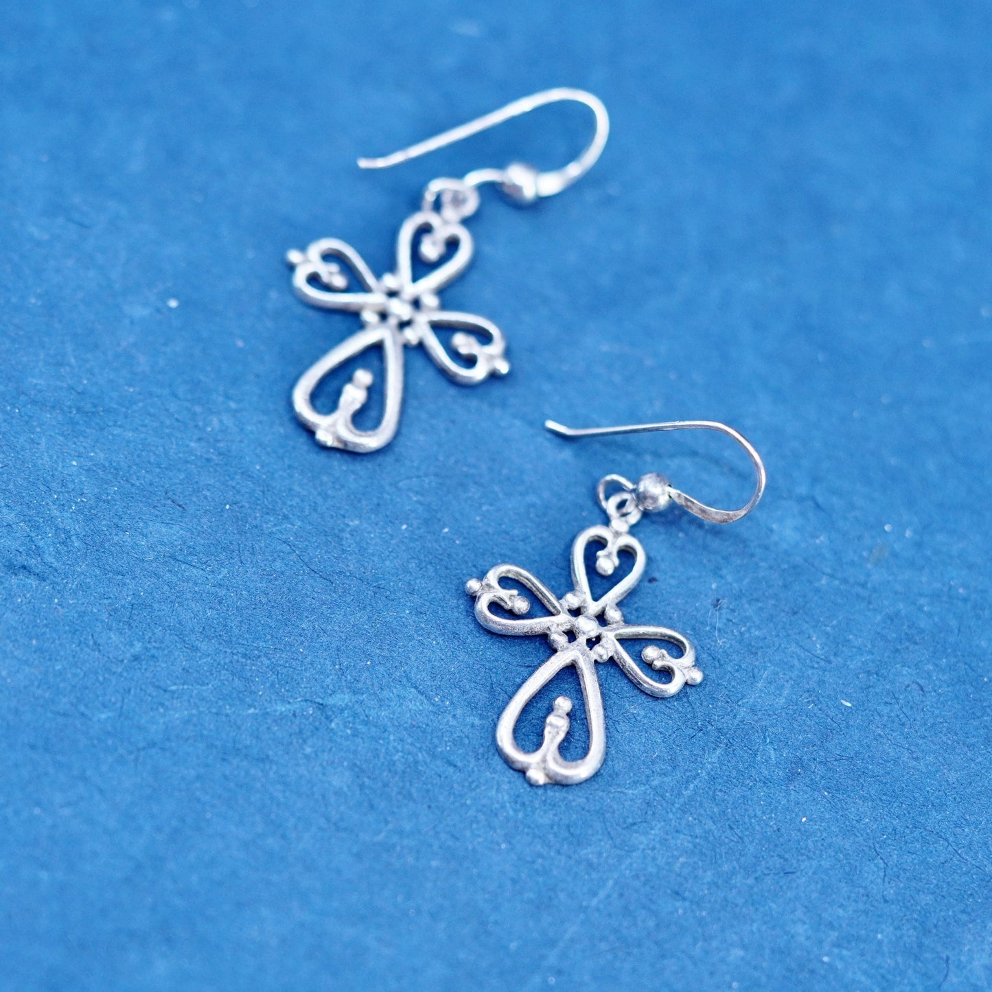 Vintage Sterling silver handmade earrings, 925 Bali filigree cross drops