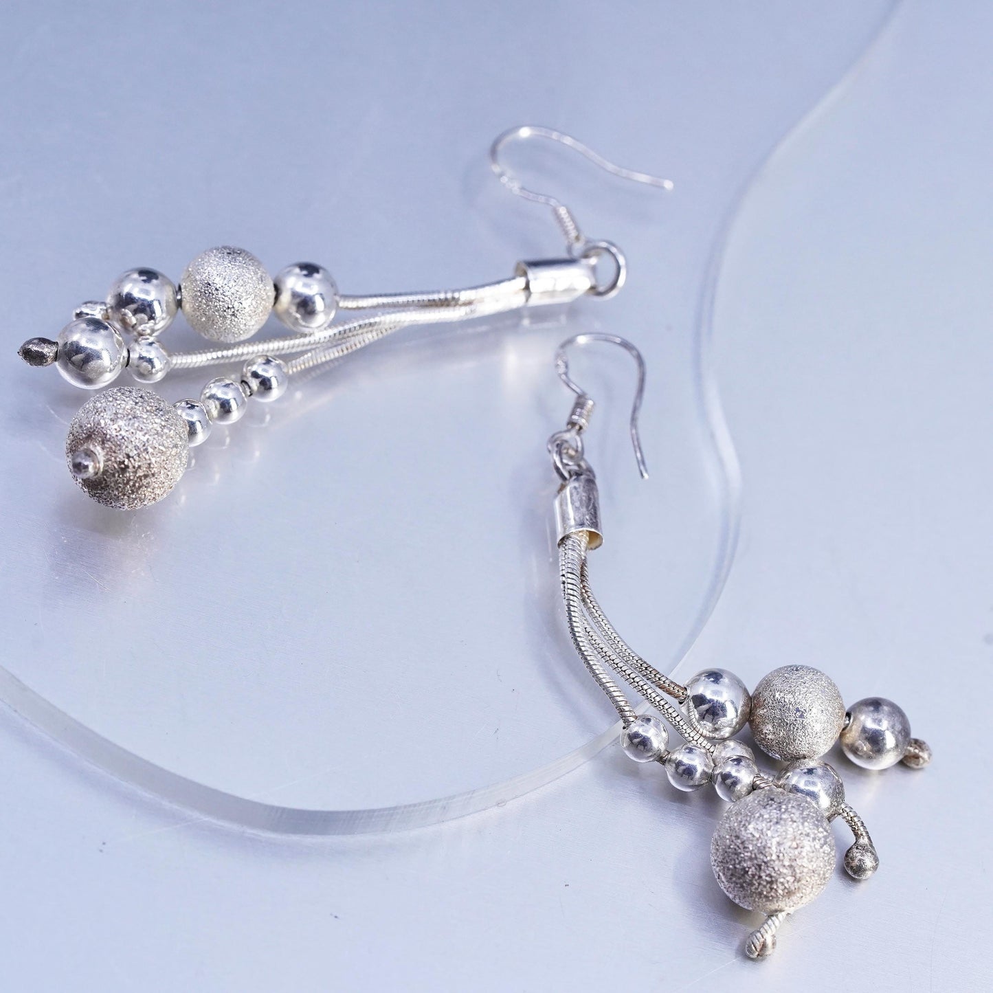 Vintage Sterling 925 silver snake chain fringe beads earrings
